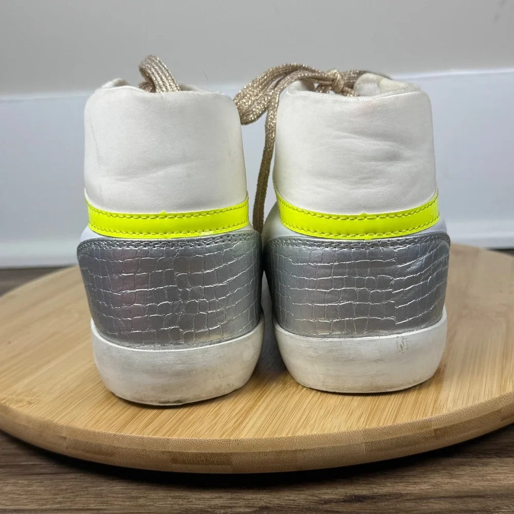 Nine West High Top Sneakers Womens 9 White Neon Pink Yellow Silver Heel Good 80